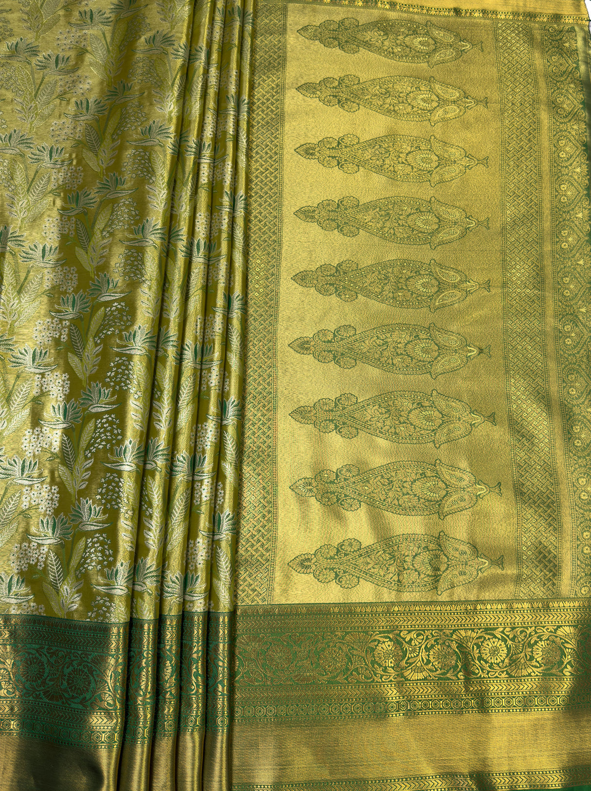 MIMOSA Olive Kanjivaram Art Silk Saree — pallu and zari work detail