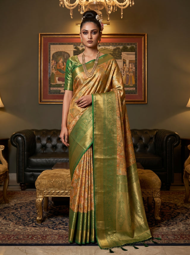 MIMOSA Orange Kanjivaram Art Silk Saree — Draped Mannequin View