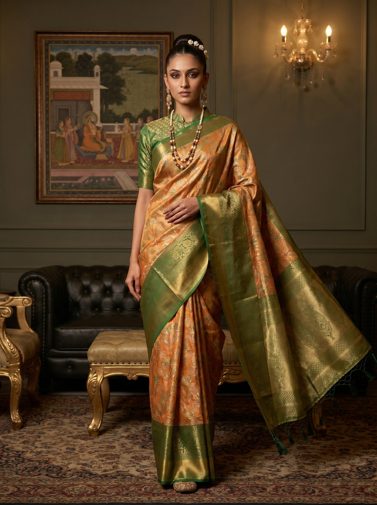 MIMOSA Orange Kanjivaram Art Silk Saree — pose 6 styling detail