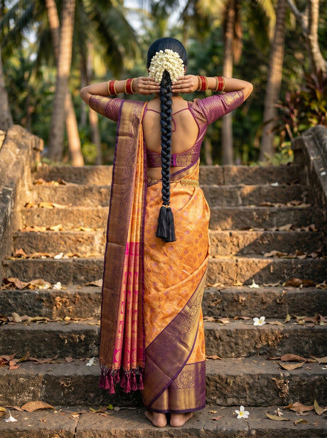 MIMOSA Orange Saree Saree — pose 2 styling detail