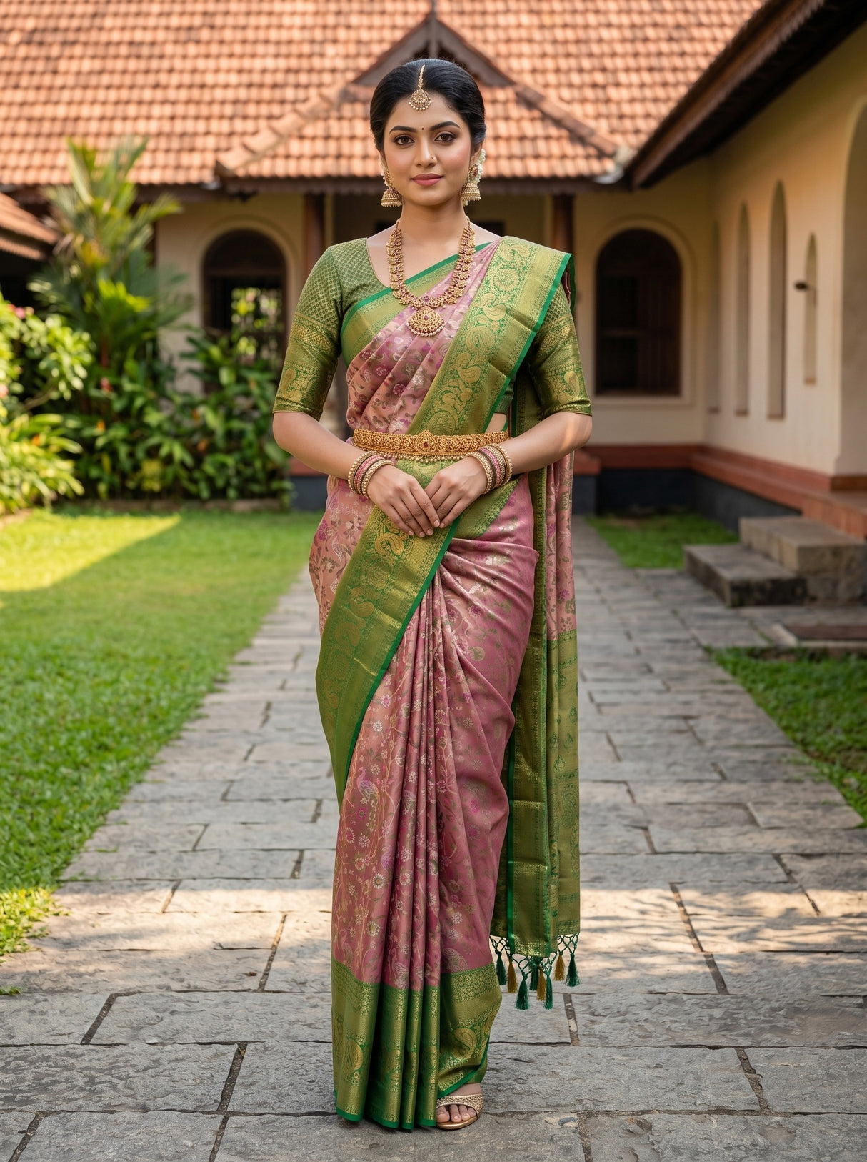MIMOSA Gajari Kanjivaram Art Silk Saree — model standing outdoors