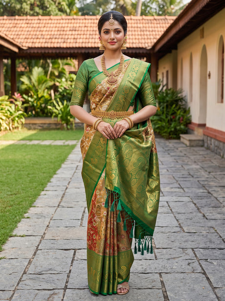 MIMOSA Maroon Kanjivaram Art Silk Saree — model standing outdoors