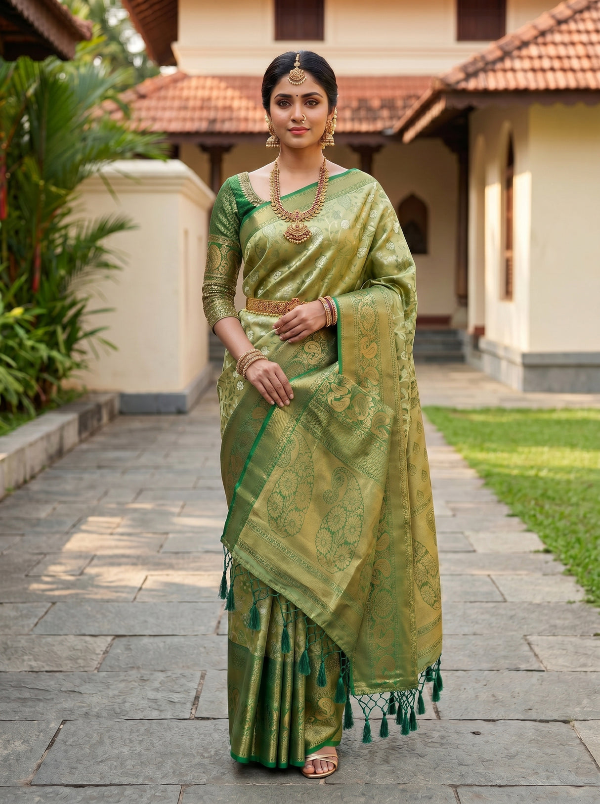 MIMOSA Olive Kanjivaram Art Silk Saree — pose 10 styling detail