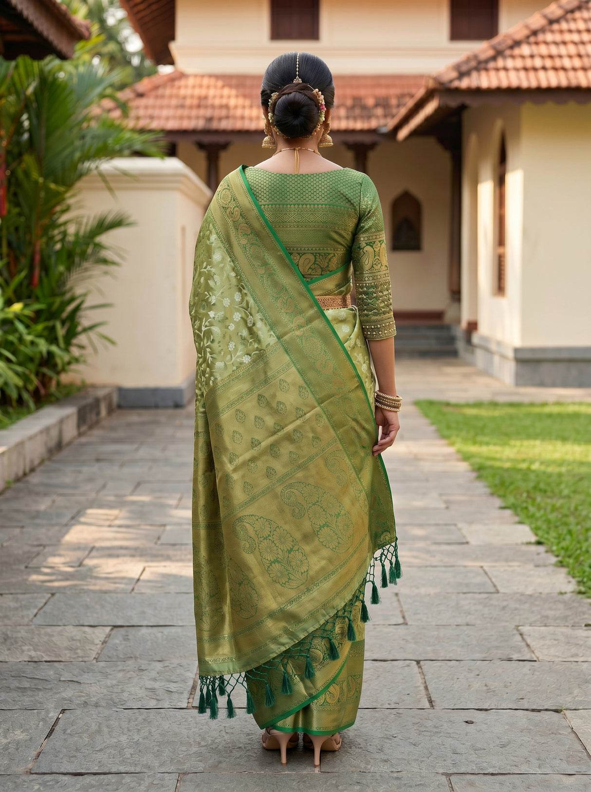 MIMOSA Olive Kanjivaram Art Silk Saree — pose 2 styling detail