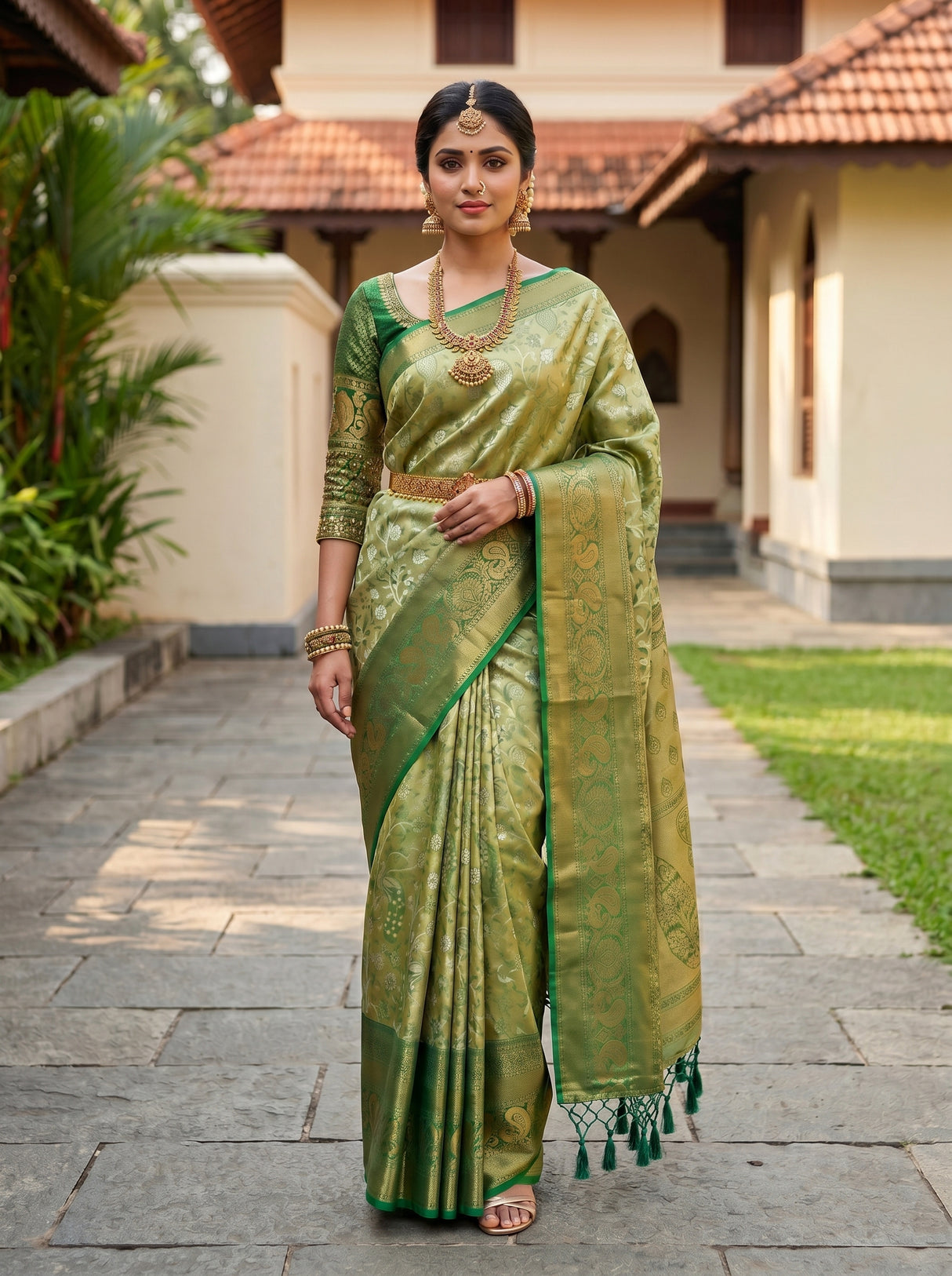 MIMOSA Olive Kanjivaram Art Silk Saree — pose 4 styling detail