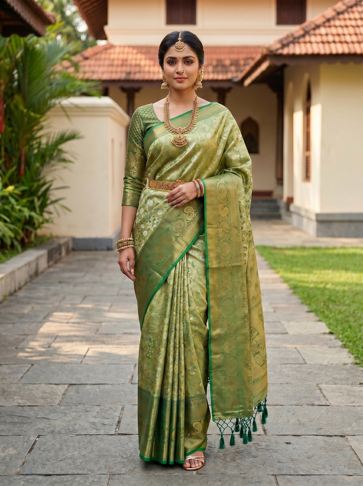 MIMOSA Olive Kanjivaram Art Silk Saree — pose 6 styling detail