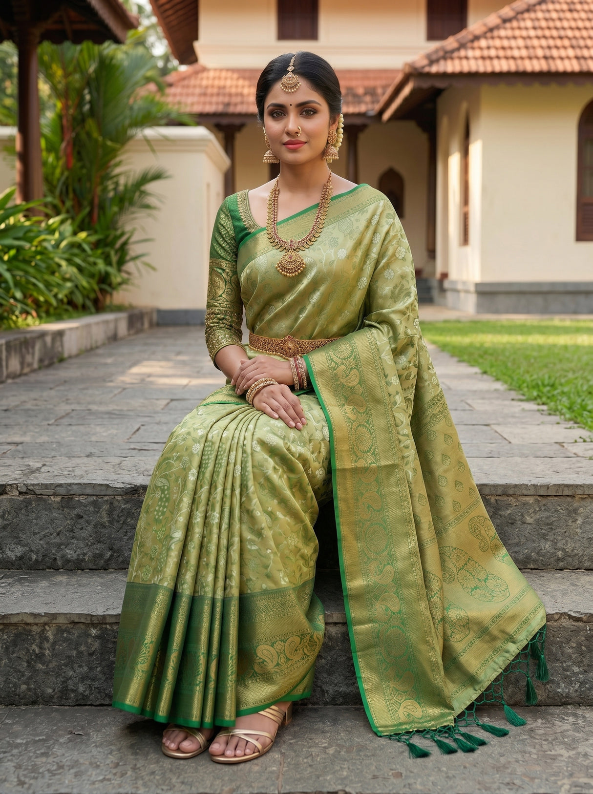 MIMOSA Olive Kanjivaram Art Silk Saree — pose 8 styling detail