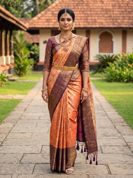 MIMOSA Orange Kanjivaram Art Silk Saree — model standing outdoors