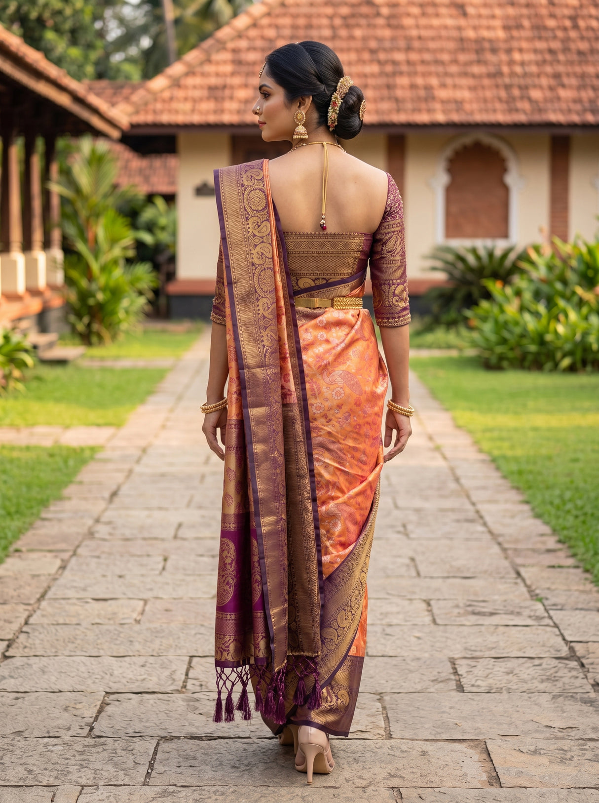 MIMOSA Orange Kanjivaram Art Silk Saree — pose 2 styling detail
