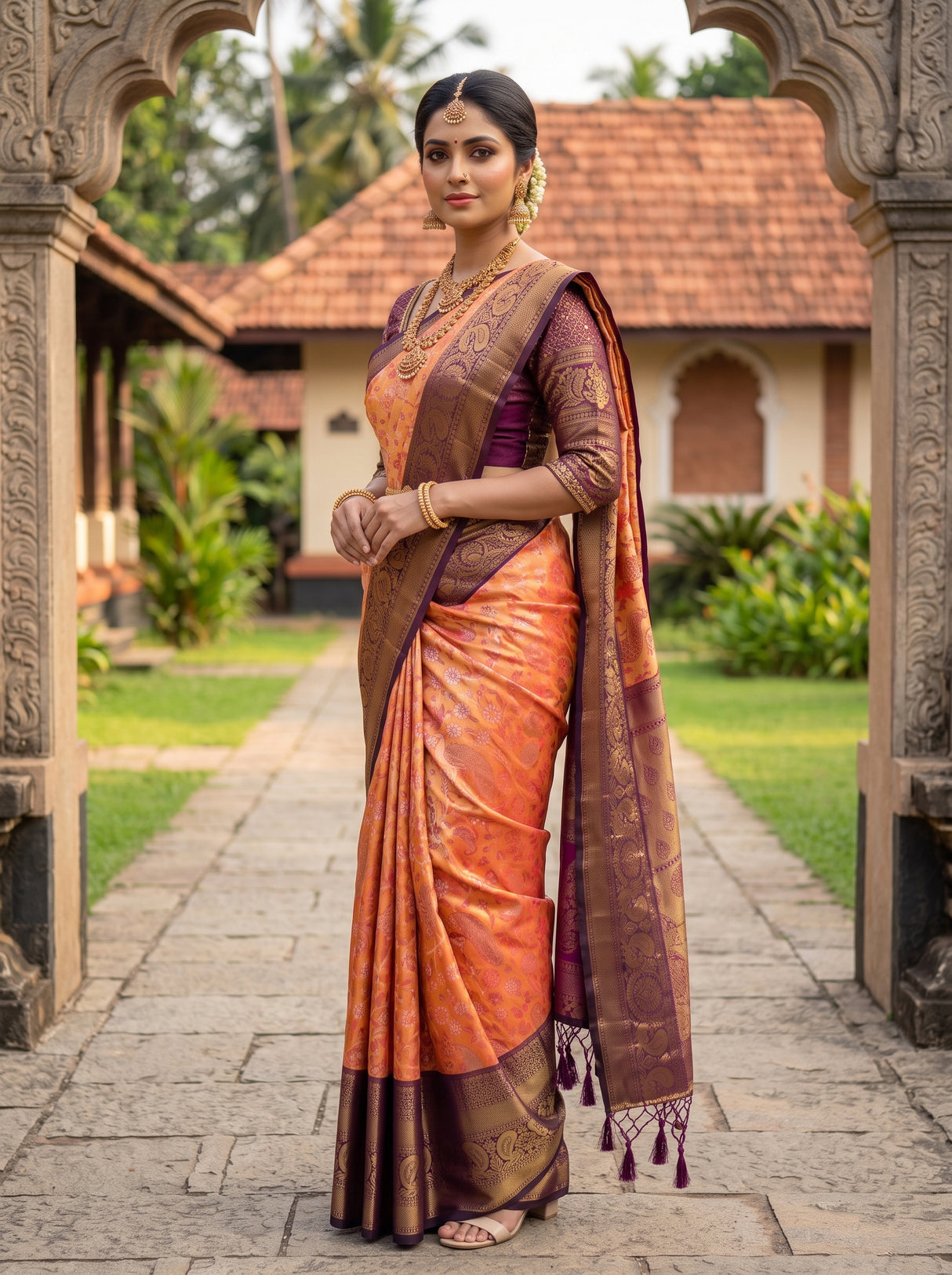 MIMOSA Orange Kanjivaram Art Silk Saree — pose 5 styling detail