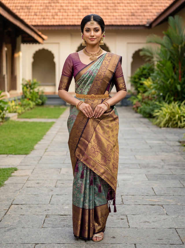 MIMOSA Sapphire Kanjivaram Art Silk Saree — model standing outdoors