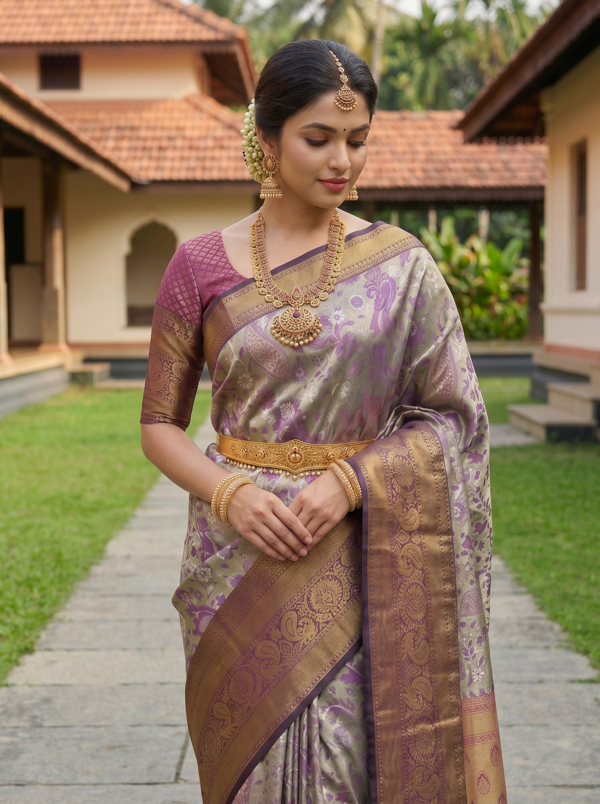MIMOSA Violet Kanjivaram Art Silk Saree — pose 10 styling detail