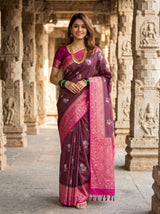 MIMOSA Maroon Mysore Silk crepe Saree — Draped Mannequin View
