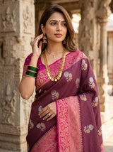 MIMOSA Maroon Mysore Silk crepe Saree — pose 10 styling detail