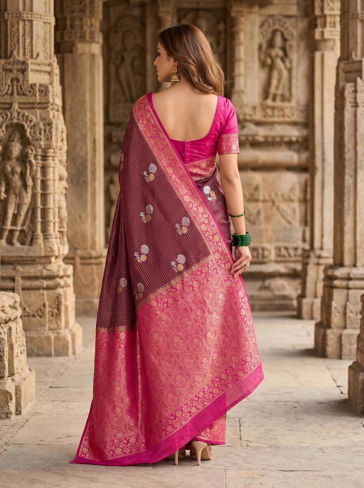 MIMOSA Maroon Mysore Silk crepe Saree — Full View on Model