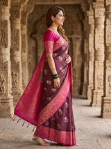 MIMOSA Maroon Mysore Silk crepe Saree — pose 3 styling detail