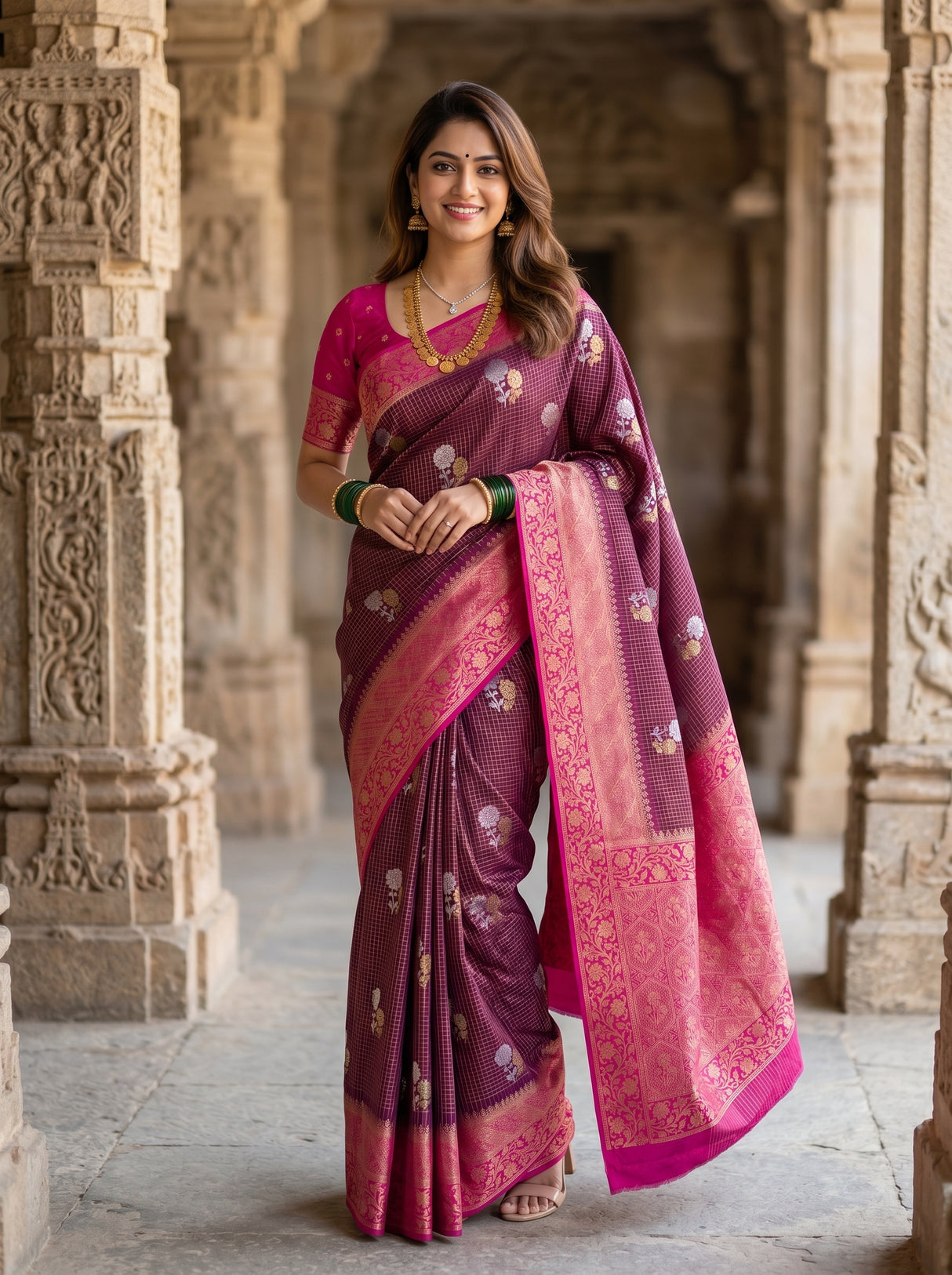 MIMOSA Maroon Mysore Silk crepe Saree — pose 5 styling detail