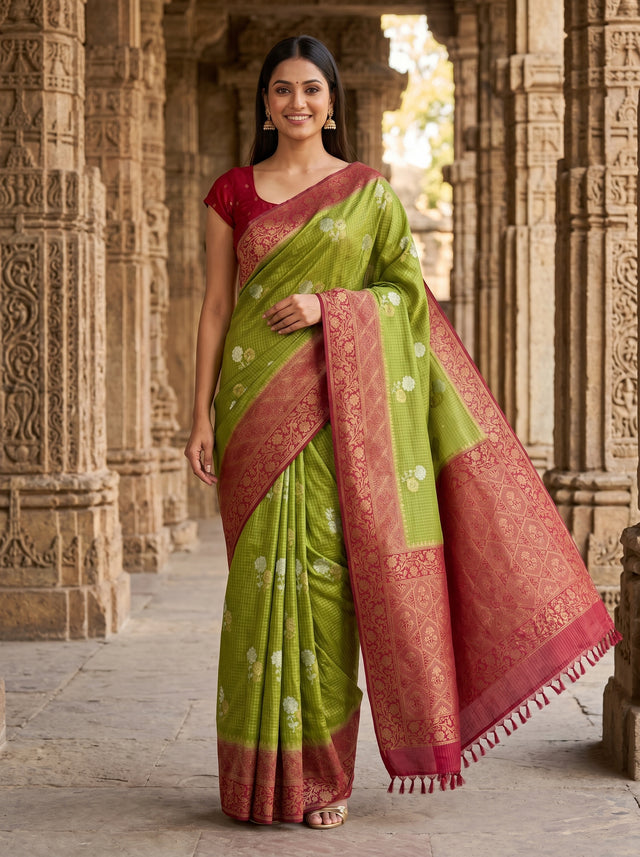 MIMOSA Olive Mysore Silk crepe Saree — Draped Mannequin View