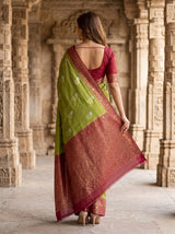 MIMOSA Olive Mysore Silk crepe Saree — Full View on Model
