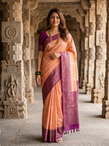 MIMOSA Peach Mysore Silk crepe Saree — Draped Mannequin View