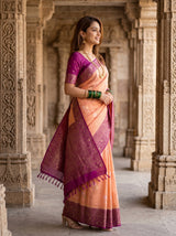 MIMOSA Peach Mysore Silk crepe Saree — Full View on Model