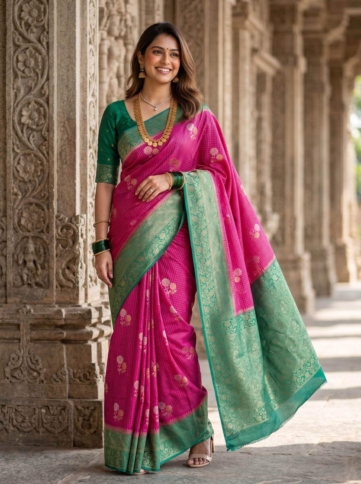 MIMOSA Rani Mysore Silk crepe Saree — Draped Mannequin View