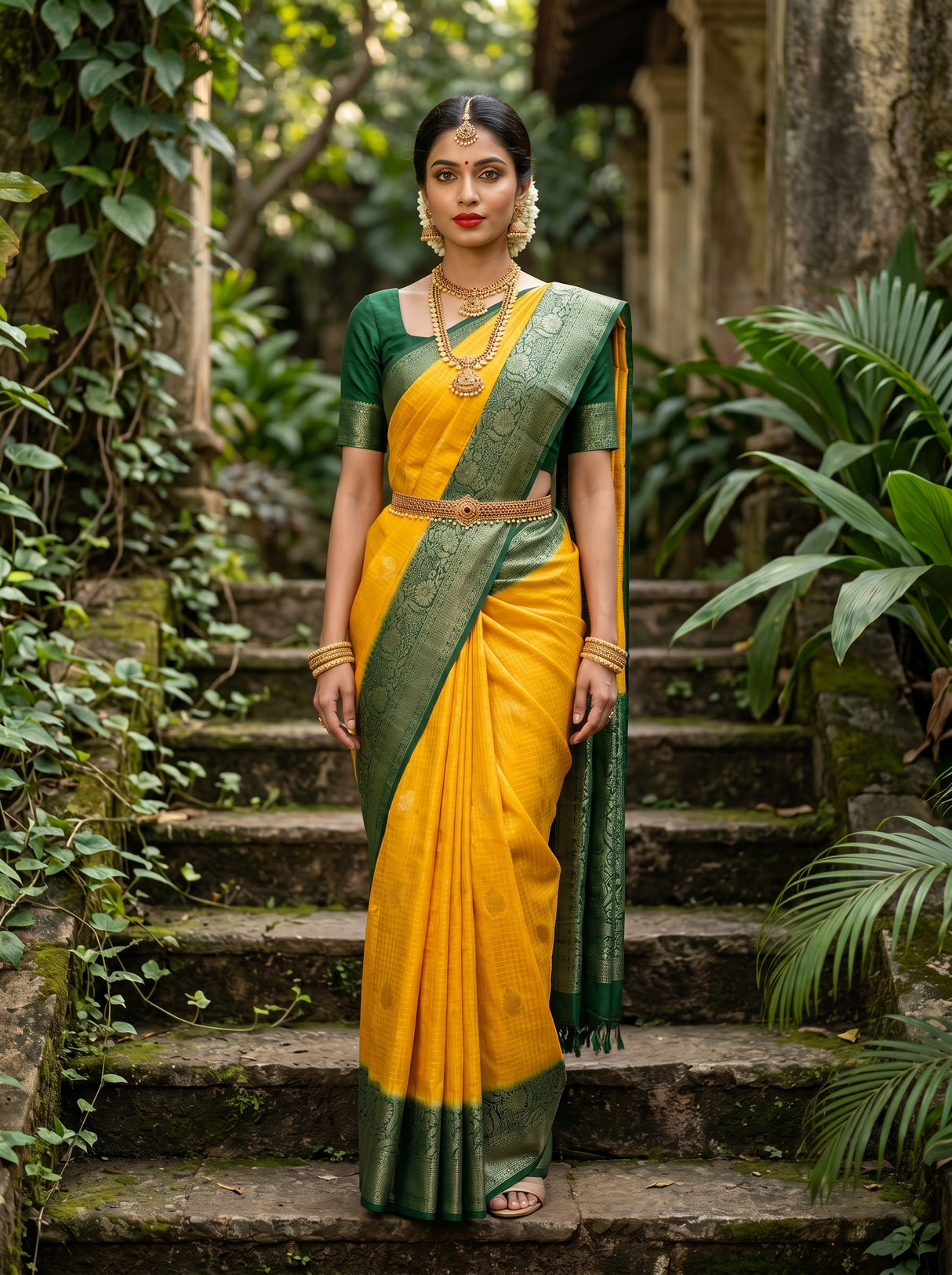 MIMOSA Gold Mysore Silk crepe Saree — Draped Mannequin View