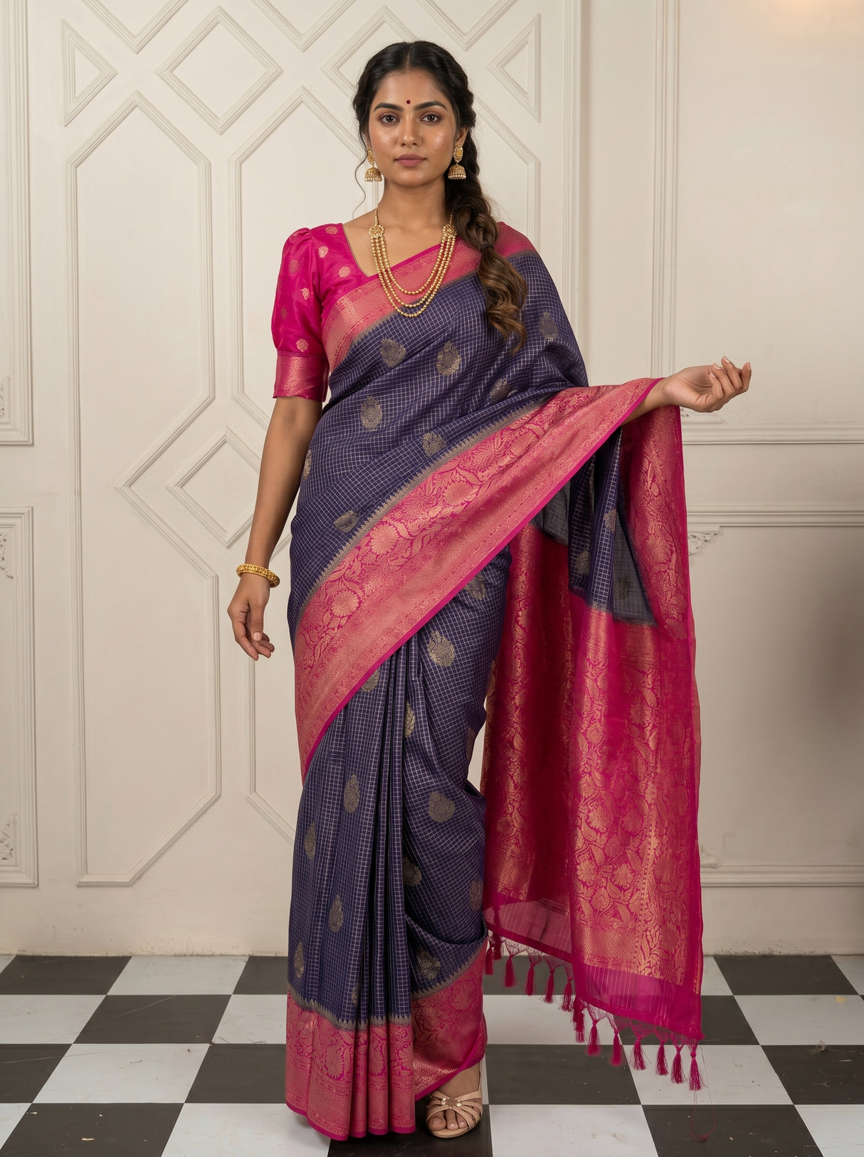MIMOSA Navy Mysore Silk crepe Saree — Draped Mannequin View