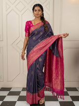 MIMOSA Navy Mysore Silk crepe Saree — Draped Mannequin View