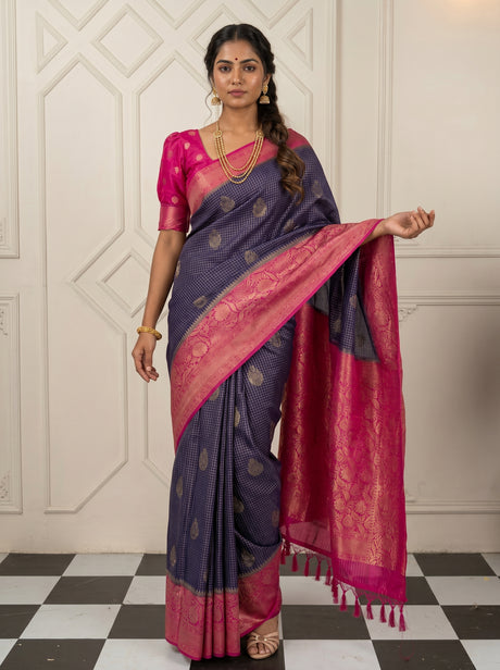 MIMOSA Navy Mysore Silk crepe Saree — Draped Mannequin View