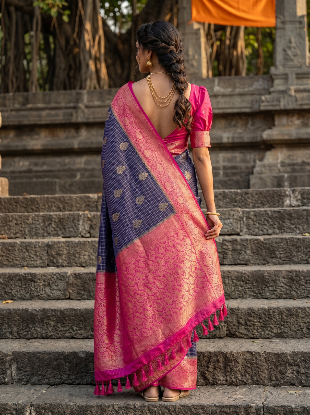 MIMOSA Navy Mysore Silk crepe Saree — contrast Rani blouse Fabric
