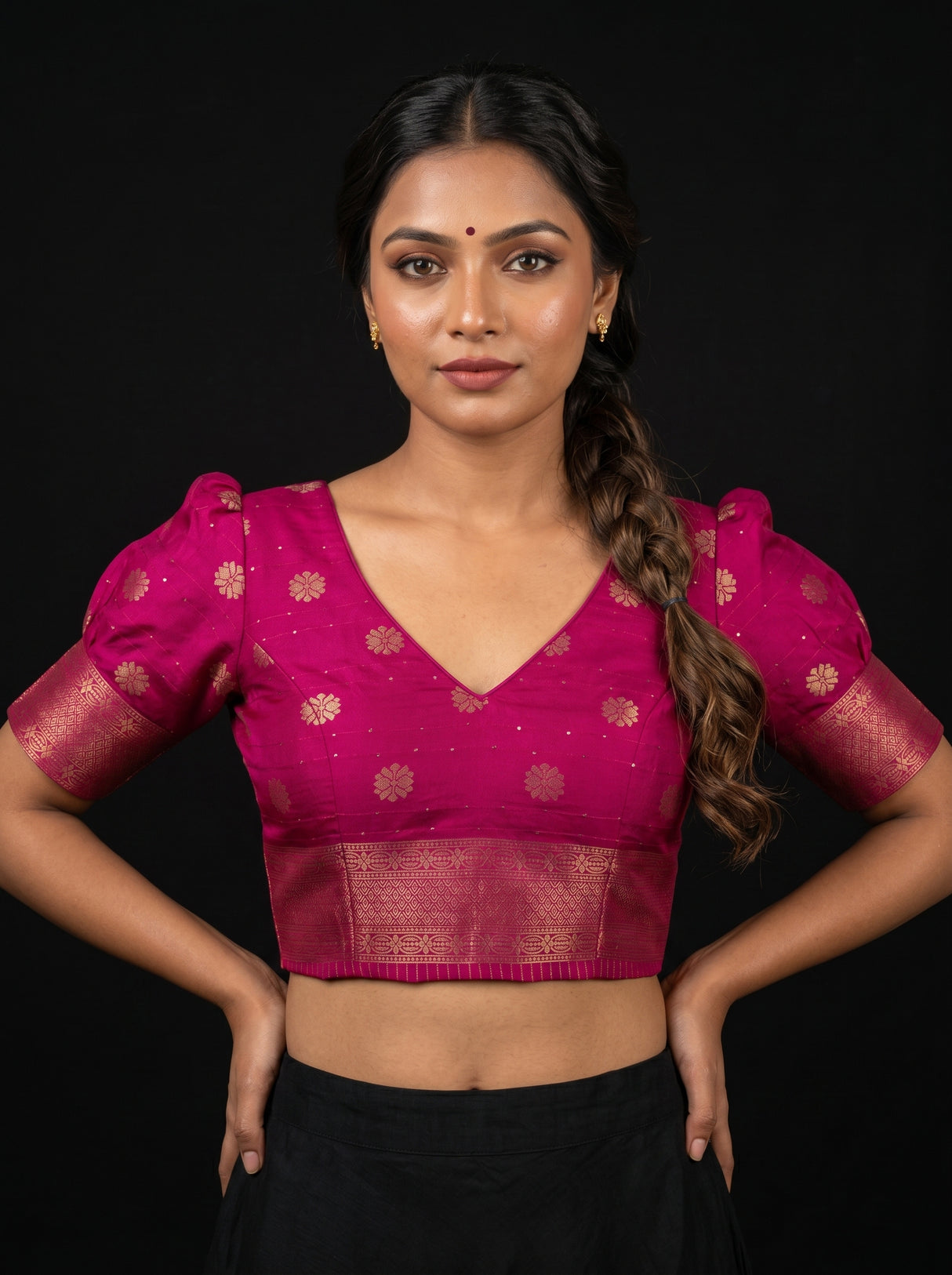 MIMOSA Navy Mysore Silk crepe Saree — blouse close-up