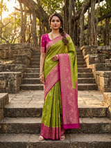 MIMOSA Olive Mysore Silk crepe Saree — Draped Mannequin View