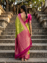 MIMOSA Olive Mysore Silk crepe Saree — contrast Rani blouse Fabric