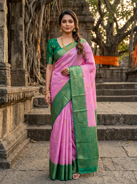 MIMOSA Pink Mysore Silk crepe Saree — Draped Mannequin View