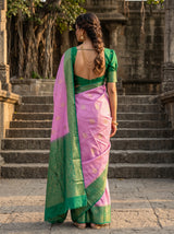 MIMOSA Pink Mysore Silk crepe Saree — contrast Rama blouse Fabric