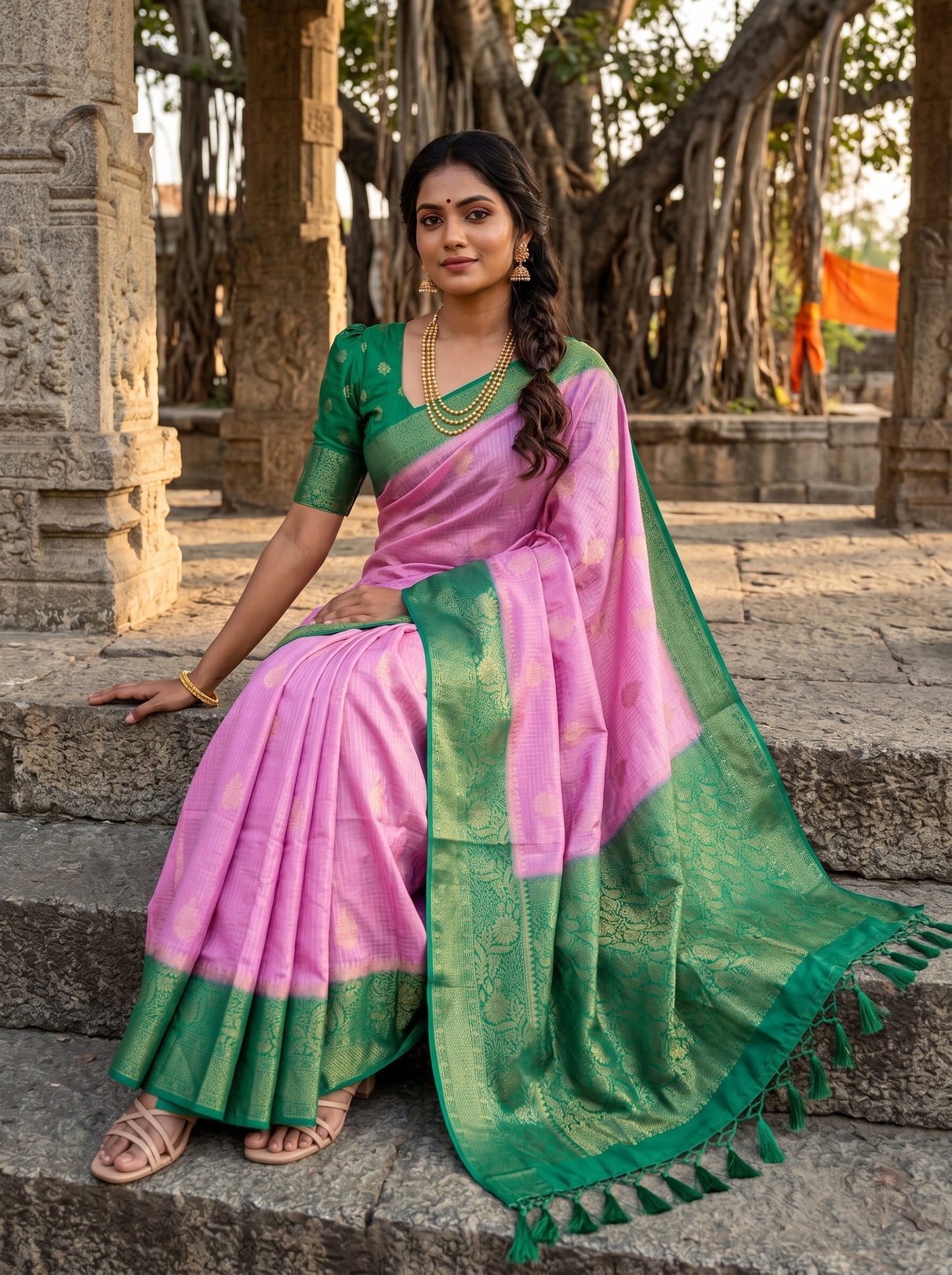 MIMOSA Pink Mysore Silk crepe Saree — pose 4 styling detail