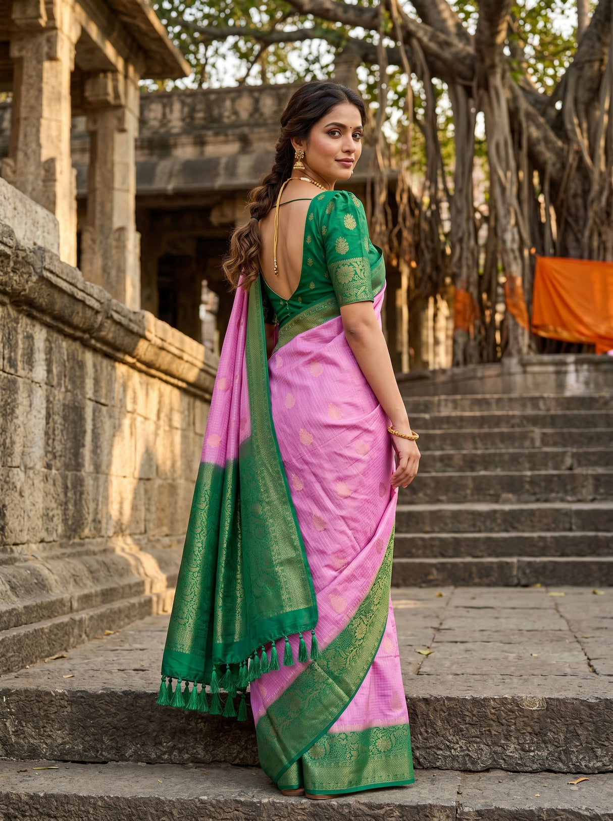 MIMOSA Pink Mysore Silk crepe Saree — pose 9 styling detail