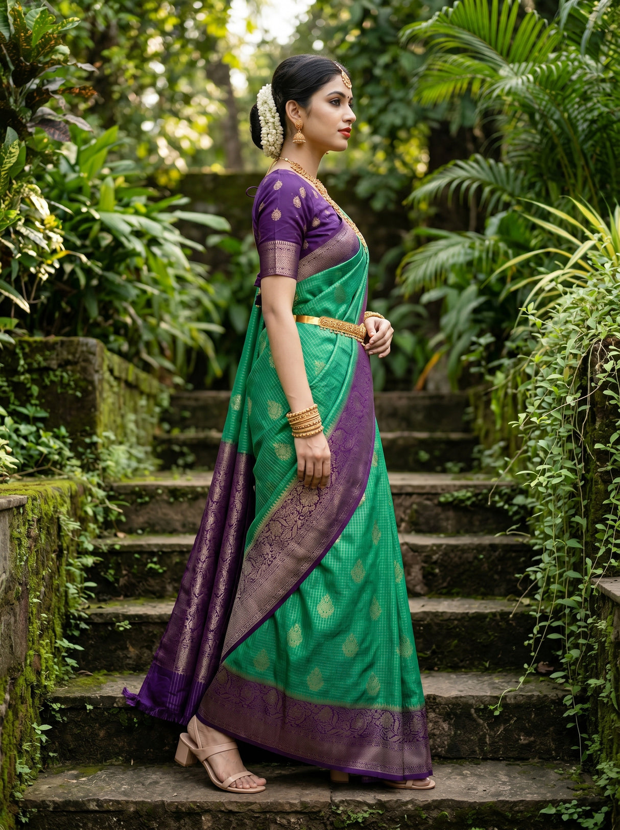 MIMOSA Rama Mysore Silk crepe Saree — contrast Violet blouse Fabric