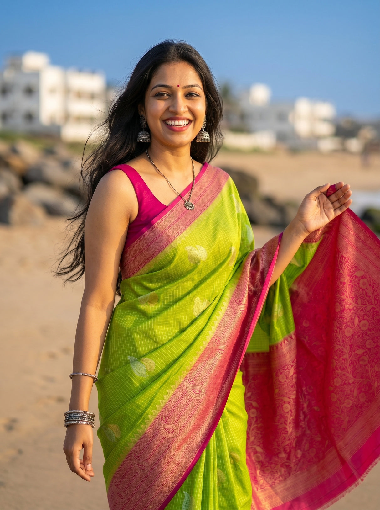 MIMOSA Parrot Green Saree Saree — pose 10 styling detail