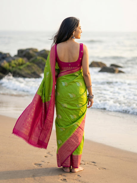 MIMOSA Parrot Green Saree Saree — pose 2 styling detail
