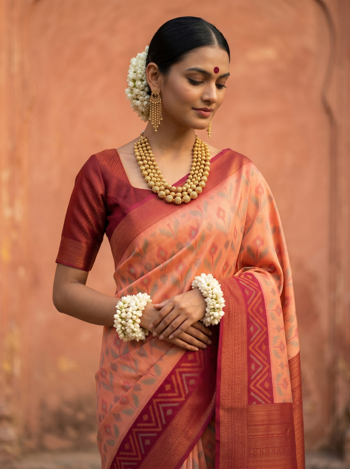 MIMOSA Peach Pochampally Saree — pose 10 styling detail