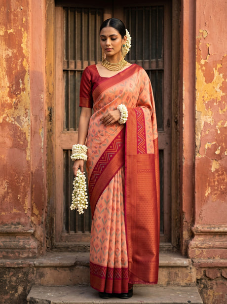 MIMOSA Peach Pochampally Saree — front view on mannequin