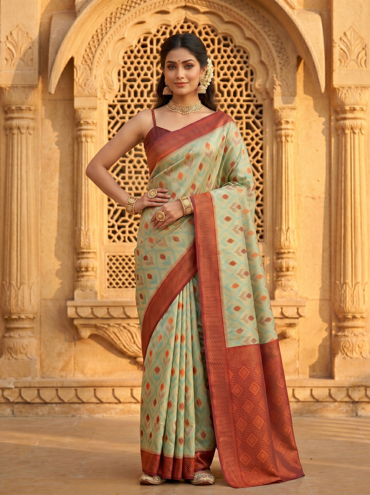 MIMOSA Chiku Pochampally Art Silk Saree — Model lifestyle pose