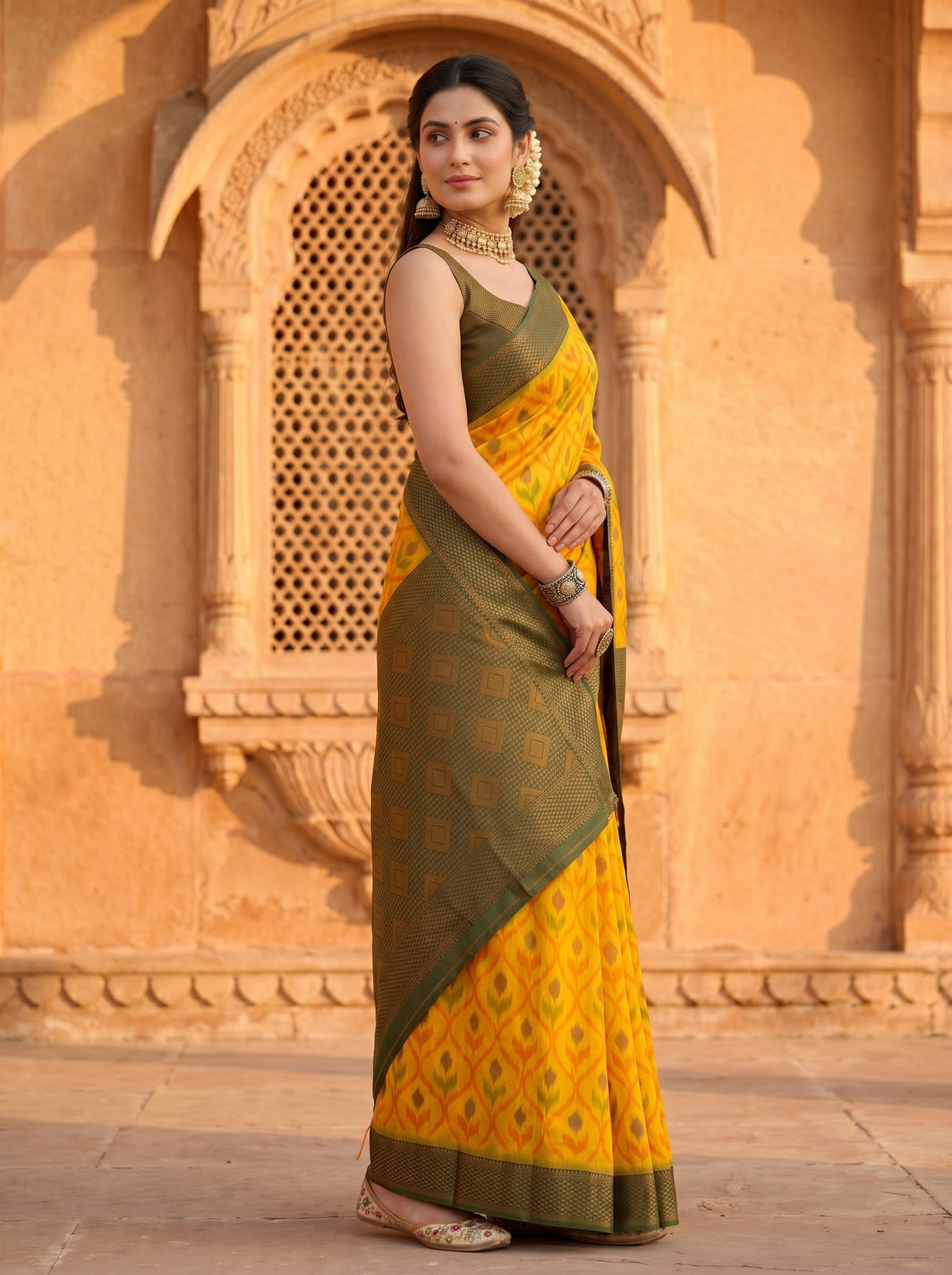 MIMOSA Gold Pochampally Art Silk Saree — Saree drape