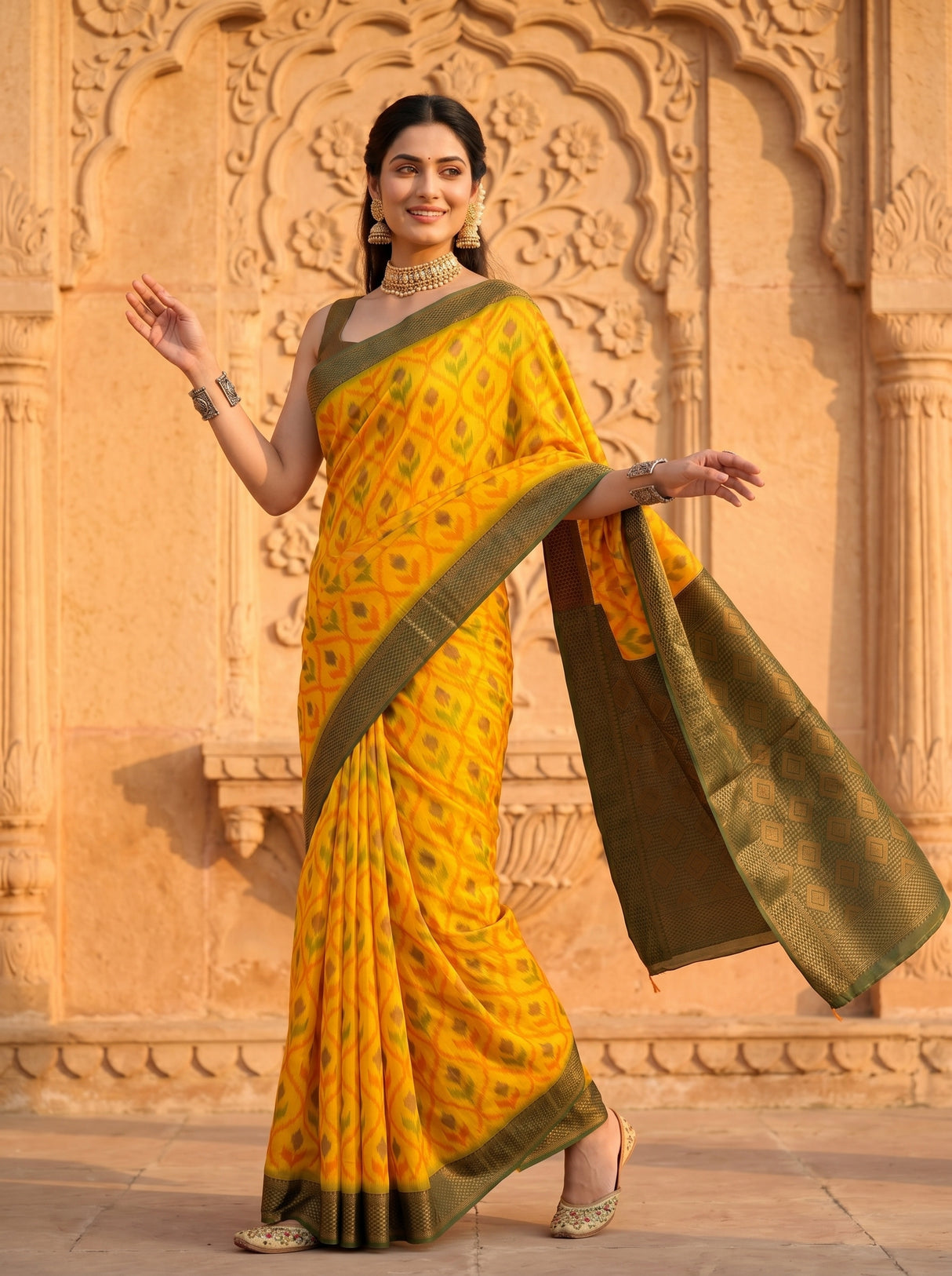 MIMOSA Gold Pochampally Art Silk Saree — Upper body detail