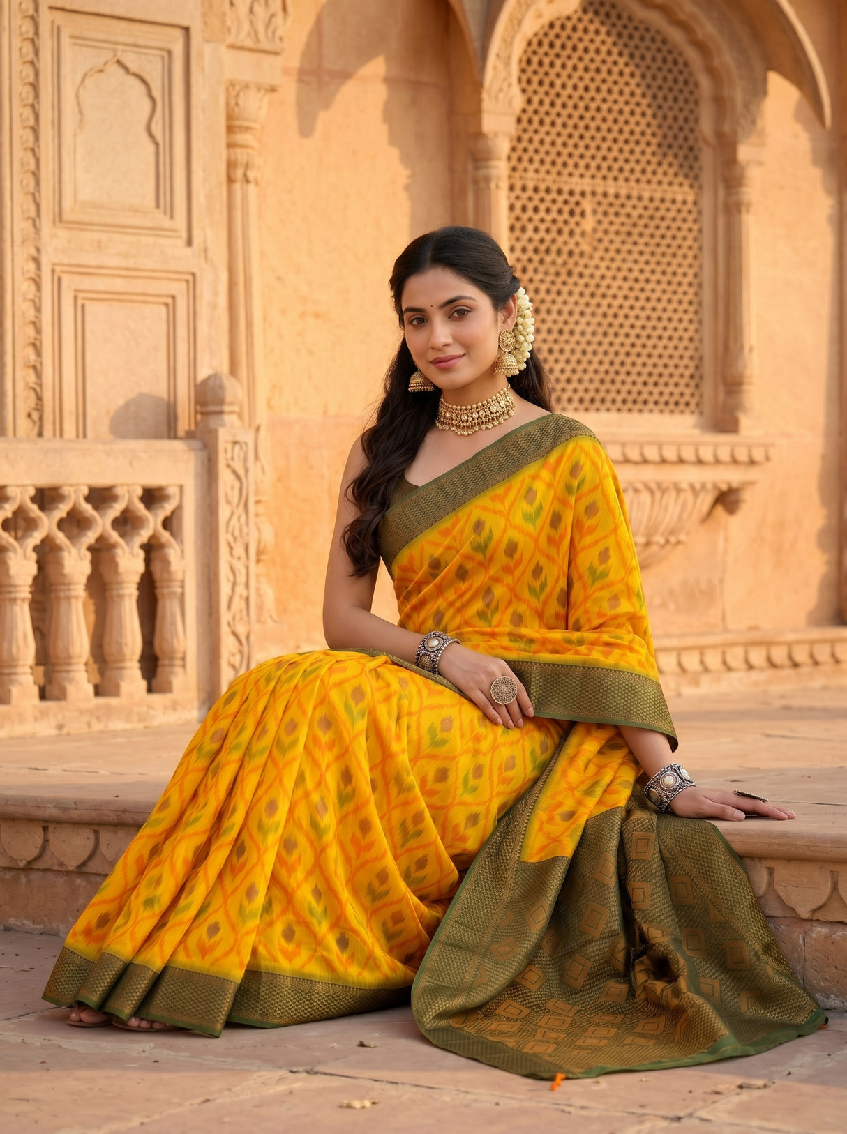 MIMOSA Gold Pochampally Art Silk Saree — Pleats detail
