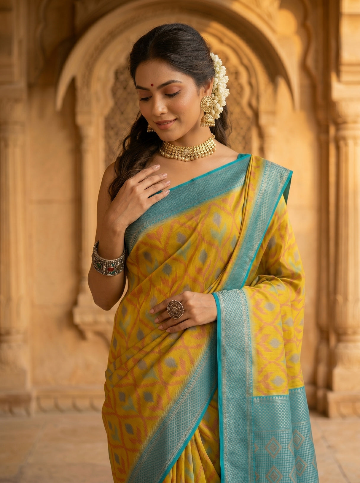 MIMOSA Olive Pochampally Art Silk Saree — Footwear detail