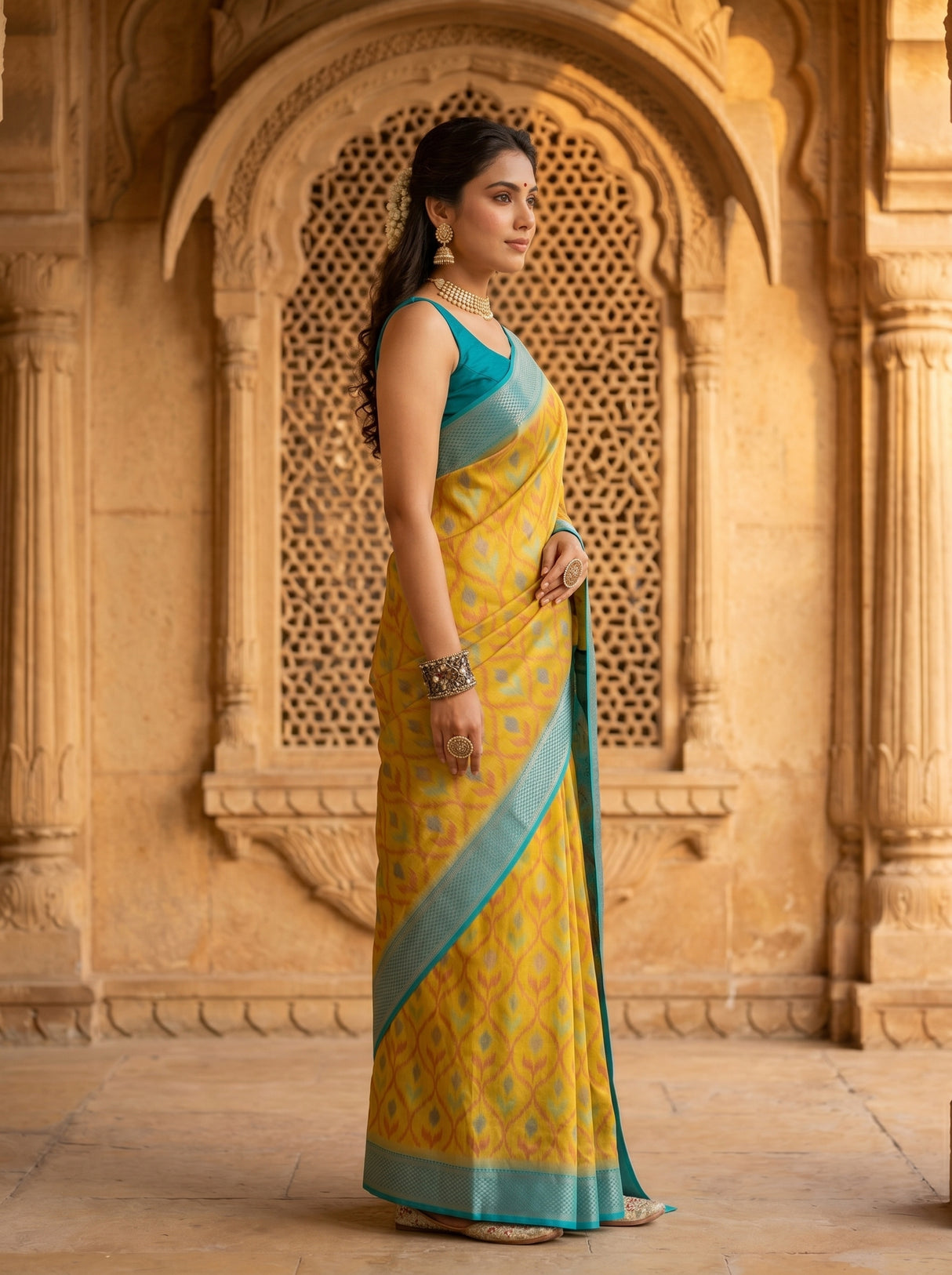 MIMOSA Olive Pochampally Art Silk Saree — Saree drape