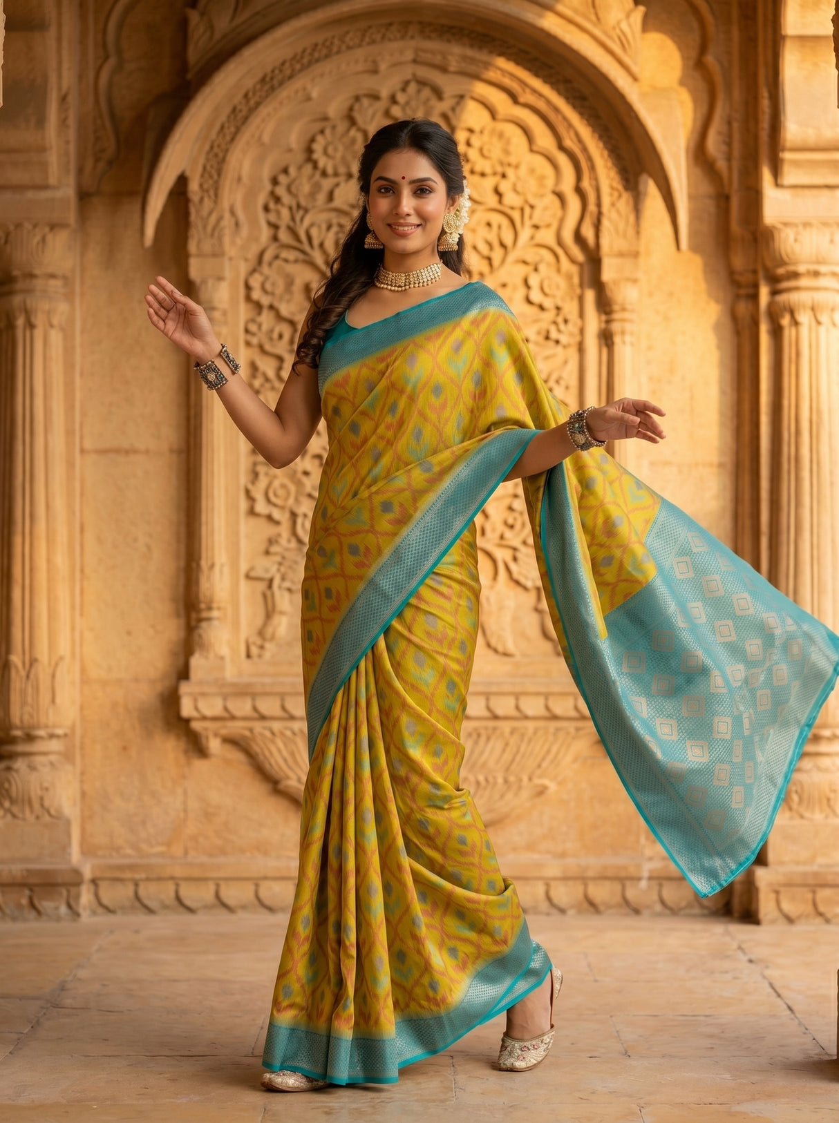 MIMOSA Olive Pochampally Art Silk Saree — Model lifestyle pose